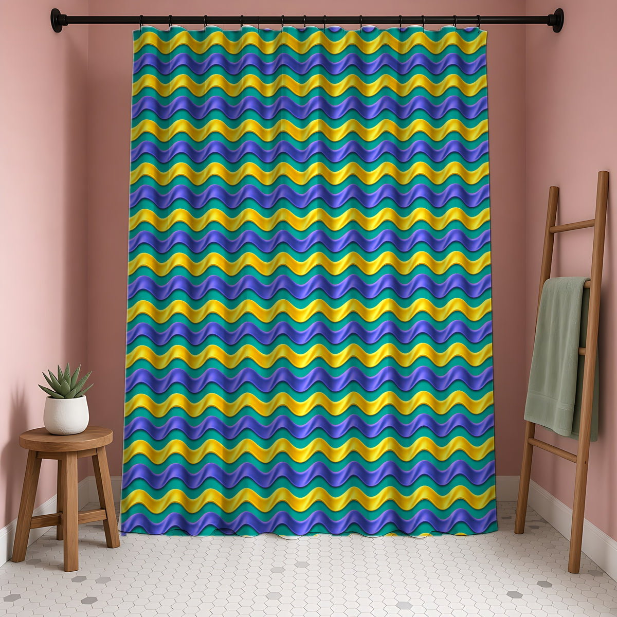 Satin Wave Bands Shower Curtain in a blush-pink bathroom