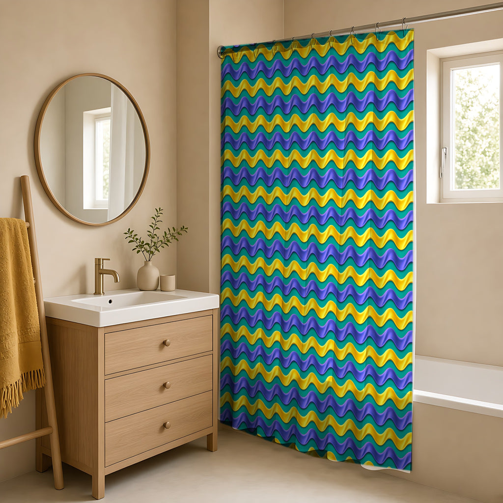 Satin Wave Bands Shower Curtain in a warm neutral bathroom with an oak vanity