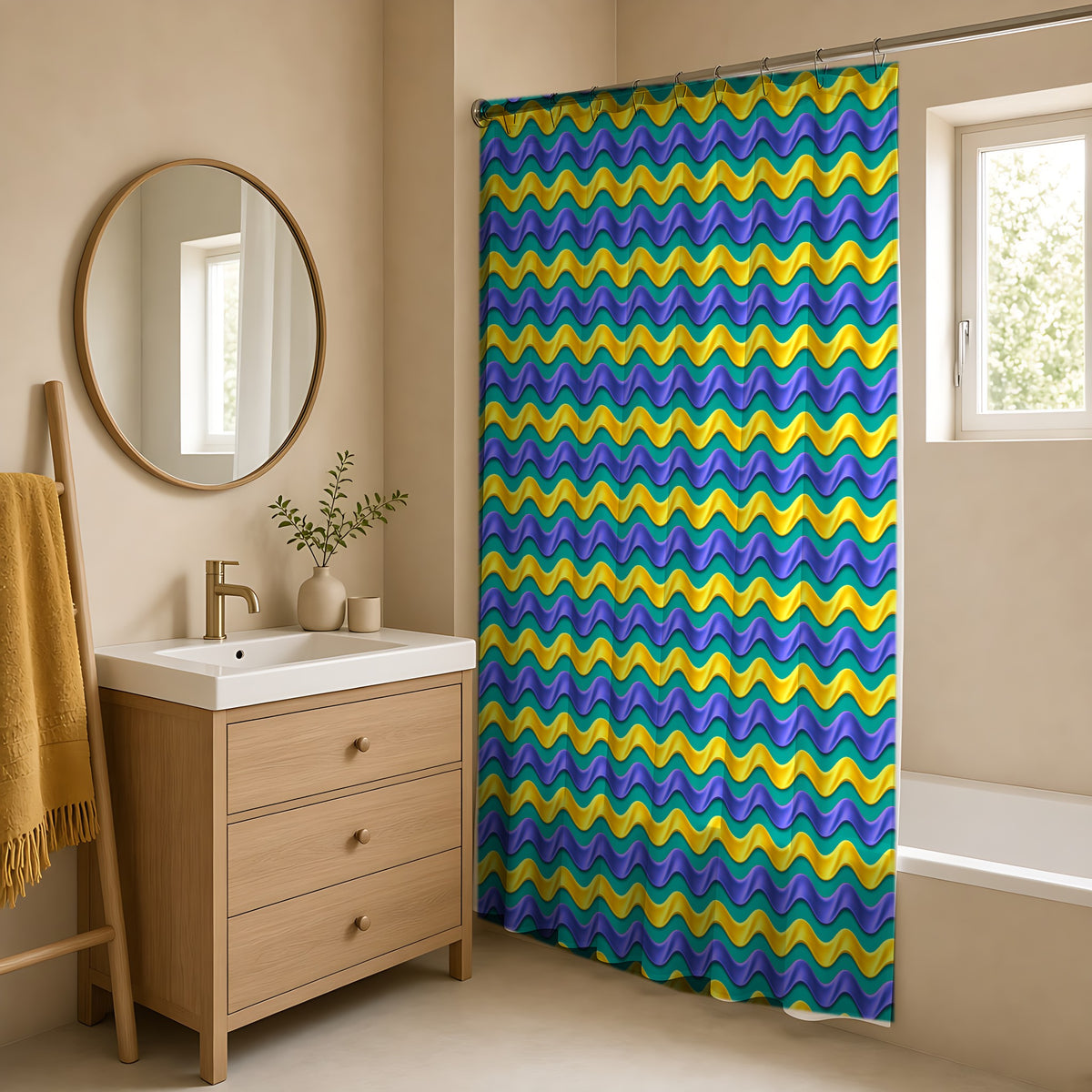 Satin Wave Bands Shower Curtain in a warm neutral bathroom with an oak vanity