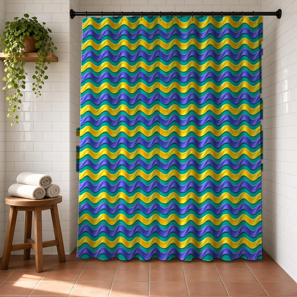 Satin Wave Bands Shower Curtain in a bright bathroom with white tiles and a terracotta floor