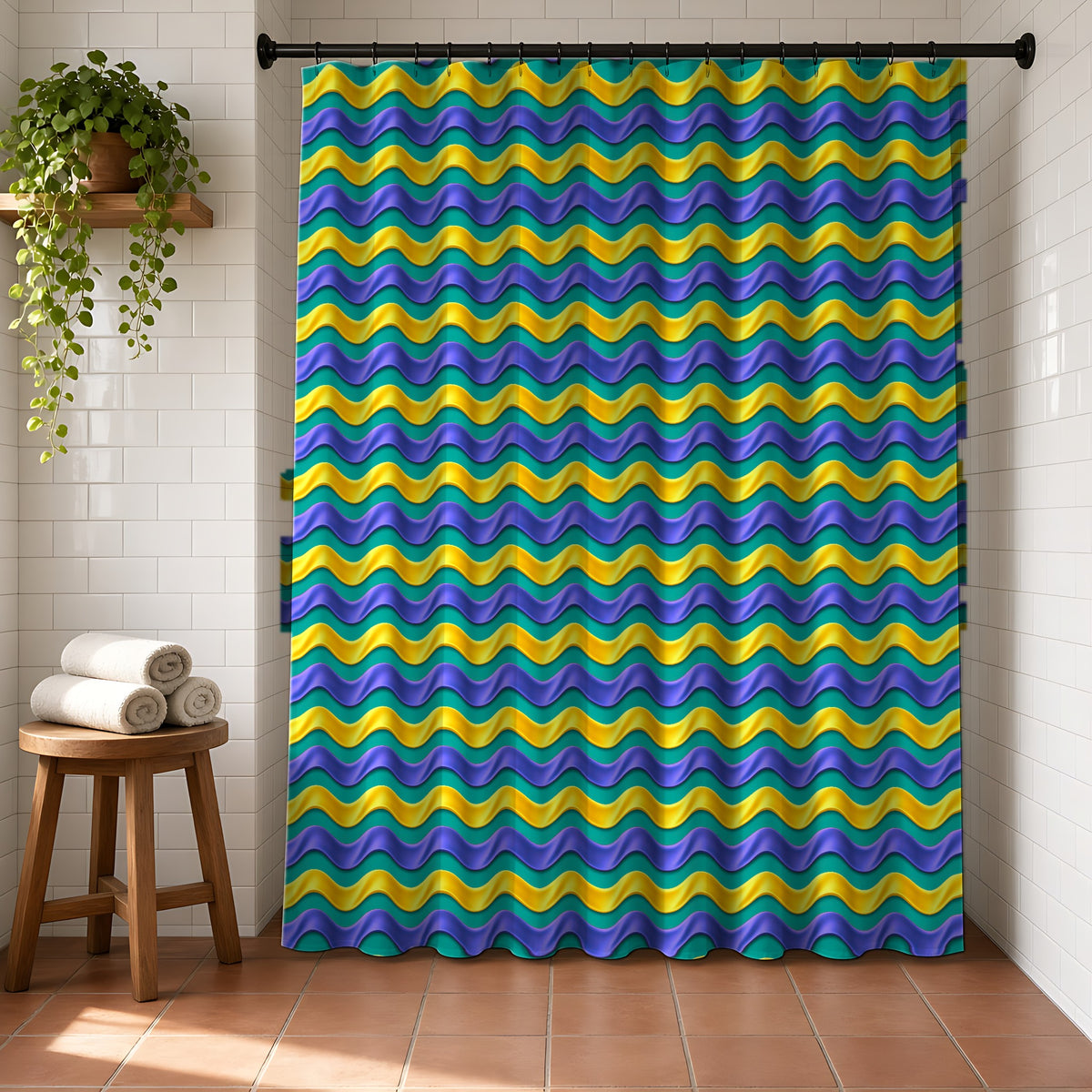 Satin Wave Bands Shower Curtain in a bright bathroom with white tiles and a terracotta floor
