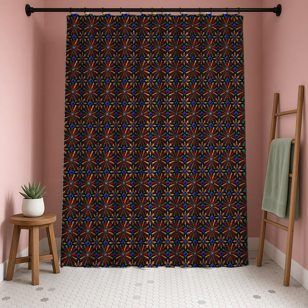 Radial Gem Burst Shower Curtain in a blush-pink bathroom