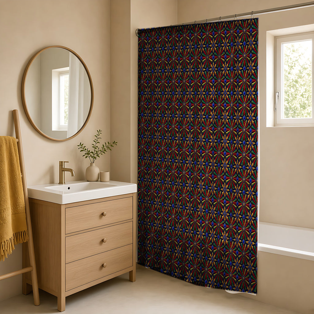 Radial Gem Burst Shower Curtain in a warm neutral bathroom with an oak vanity