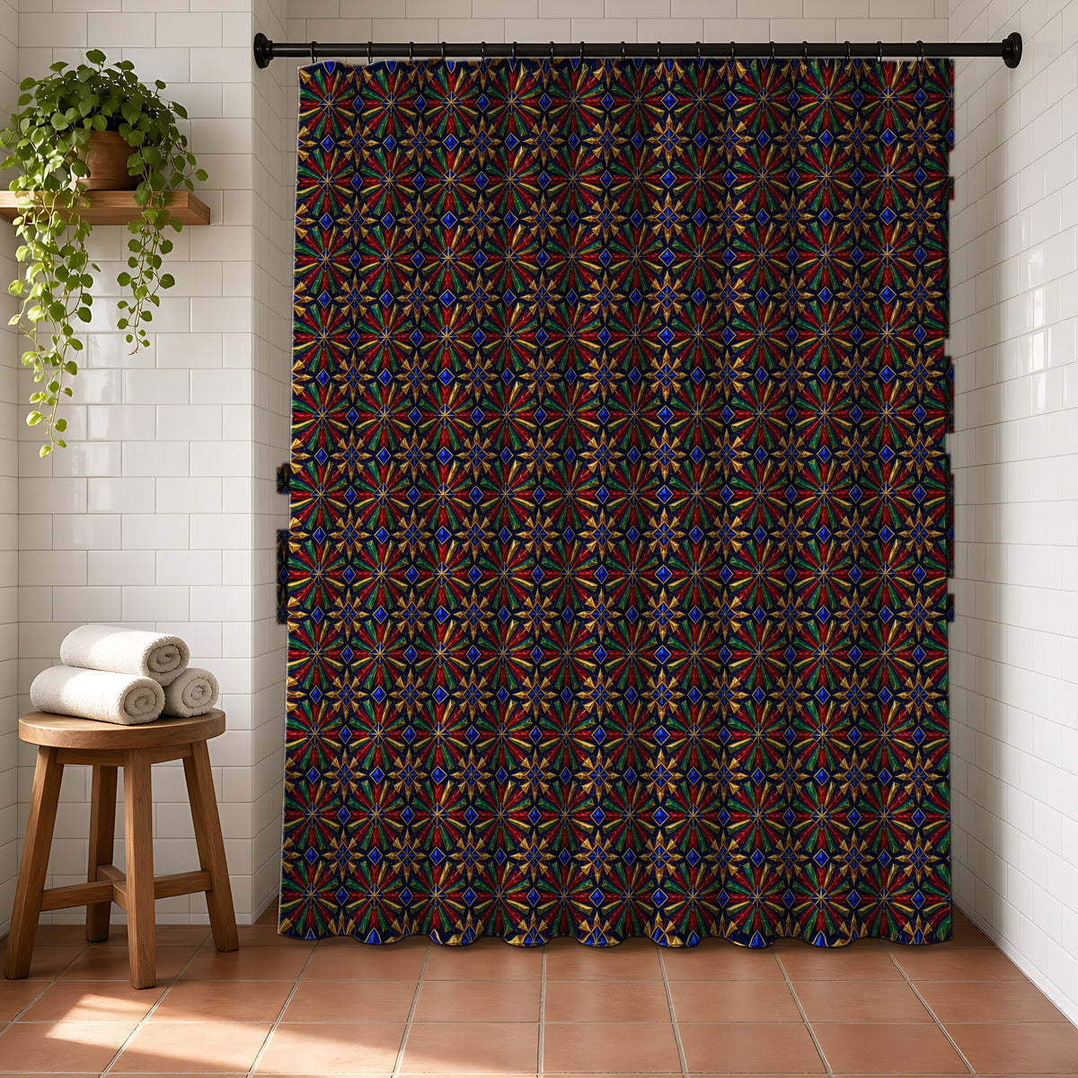 Radial Gem Burst Shower Curtain in a bright bathroom with white tiles and a terracotta floor