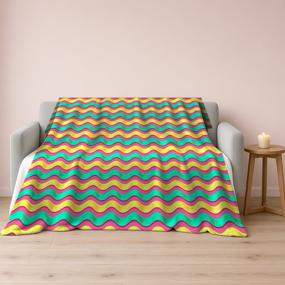 Satin Wave Bands Sherpa Fleece Blanket draped over a grey sofa