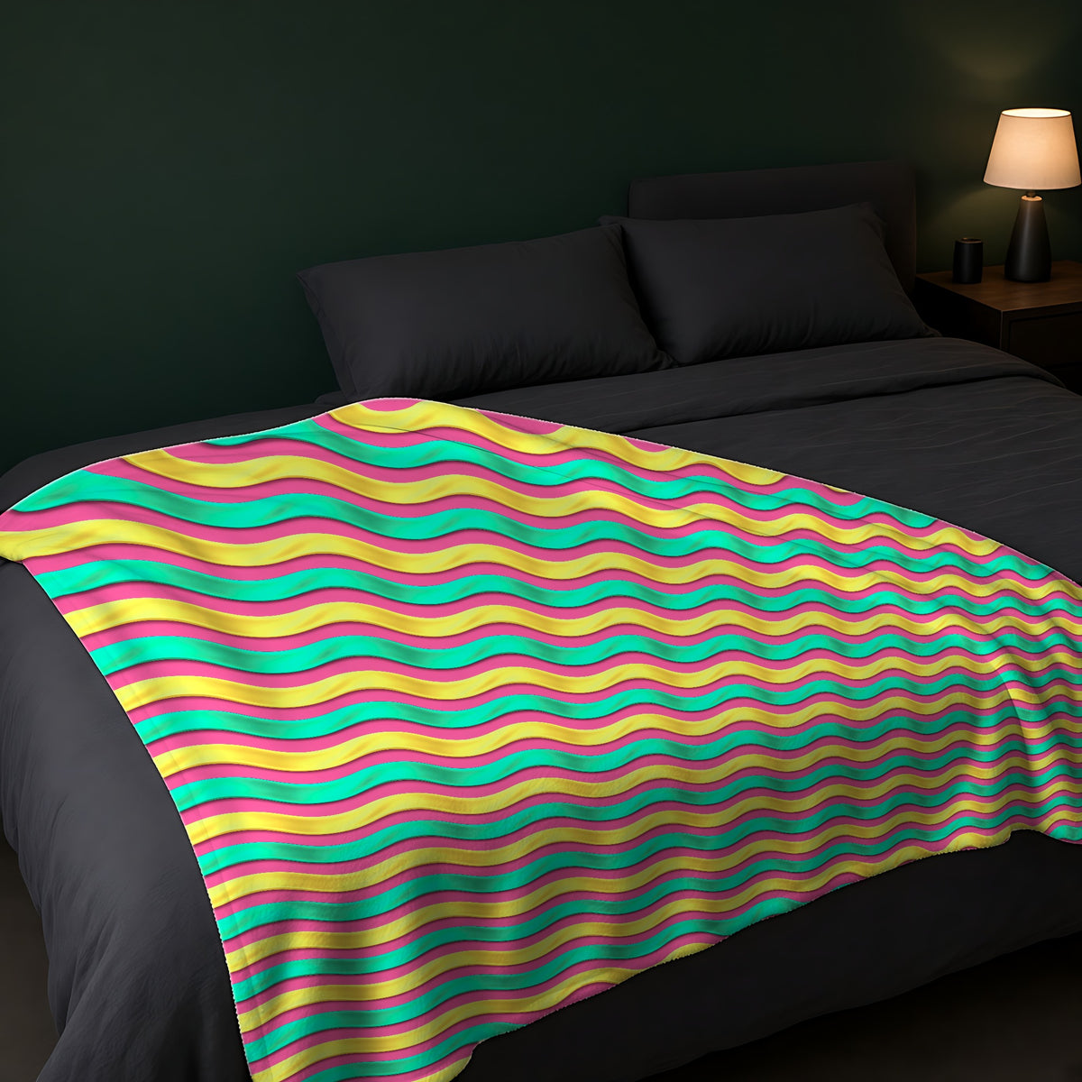 Satin Wave Bands Sherpa Fleece Blanket across the foot of a dark bed
