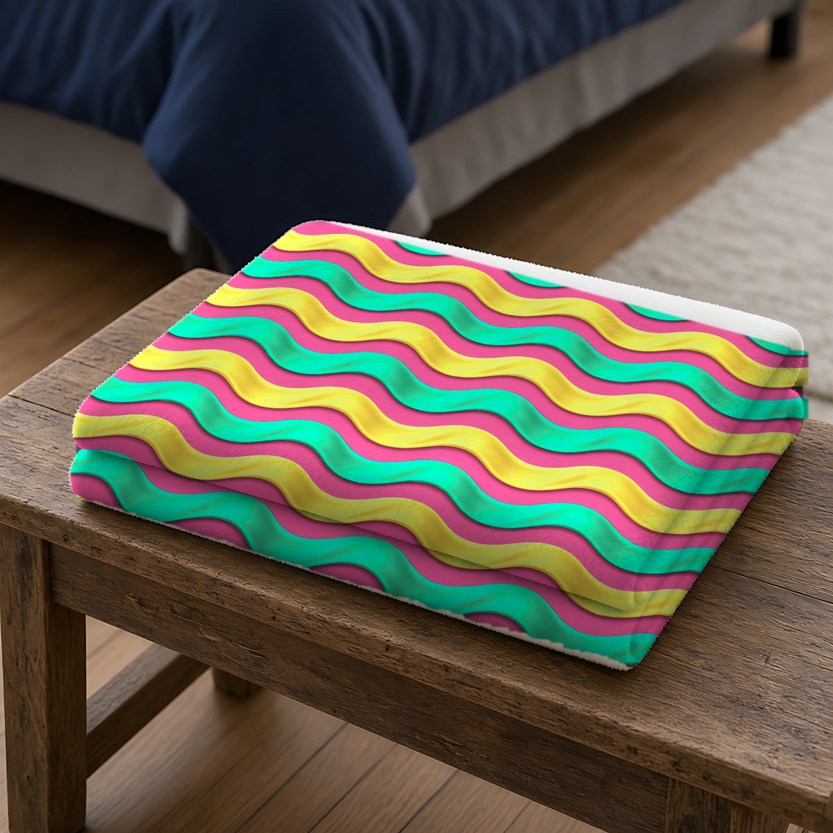 Satin Wave Bands Sherpa Fleece Blanket folded on a wooden bench