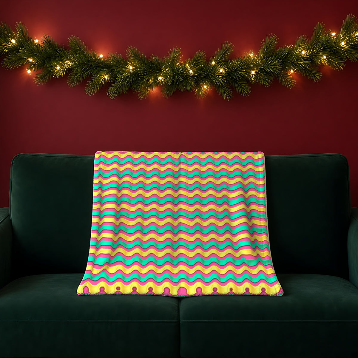 Satin Wave Bands Sherpa Fleece Blanket in the Candy Christmas palette, draped over a green sofa in a festive room with a garland and fairy lights