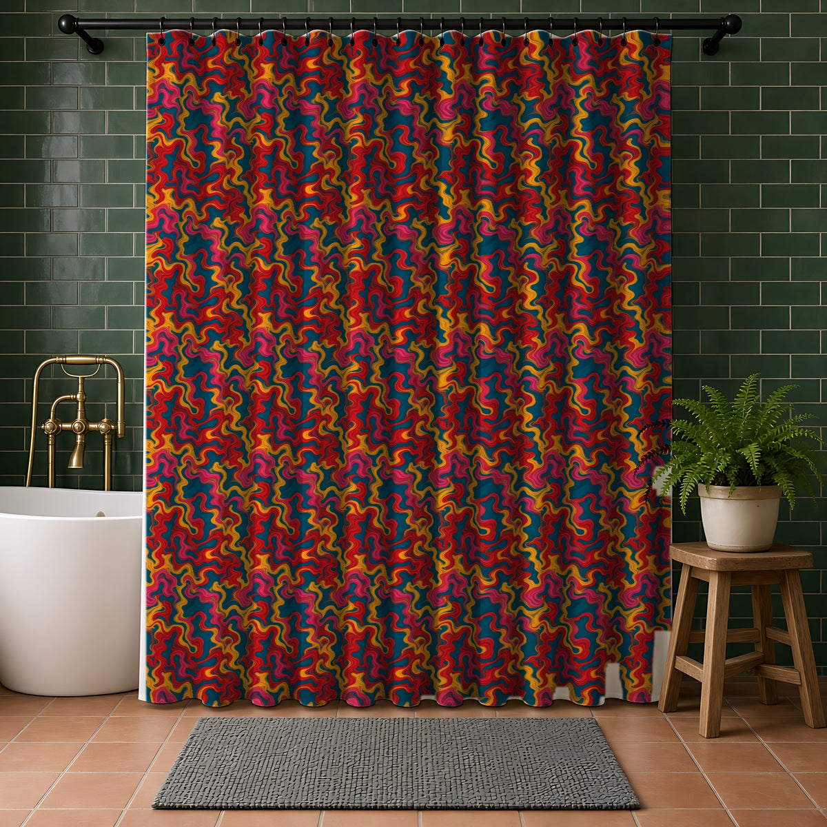 Ripple Thread Drift Shower Curtain in a bathroom with dark green tiles