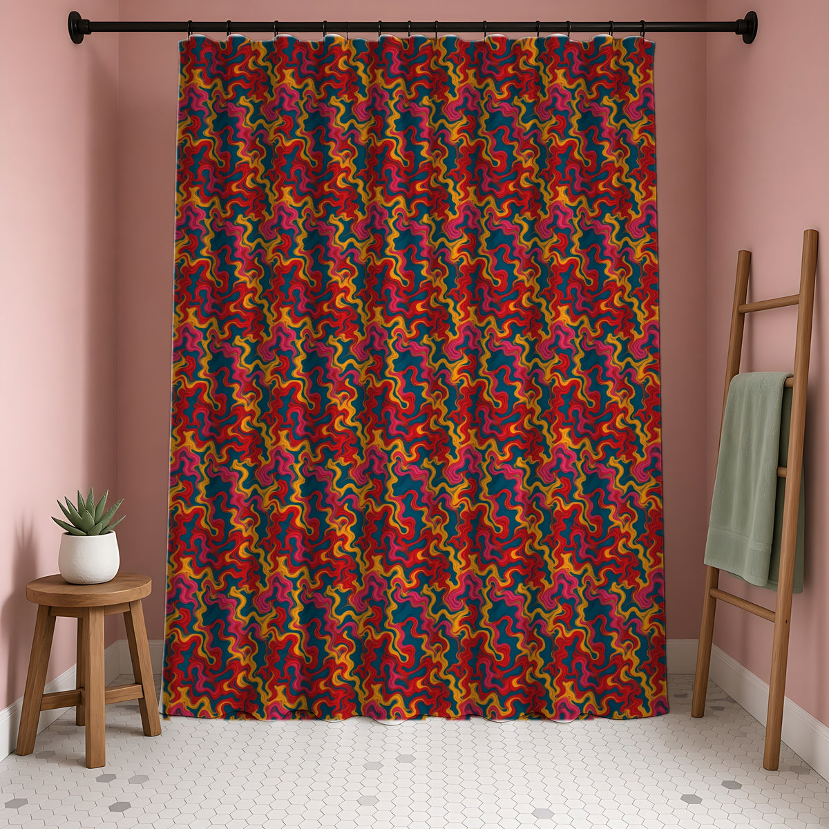 Ripple Thread Drift Shower Curtain in a blush-pink bathroom