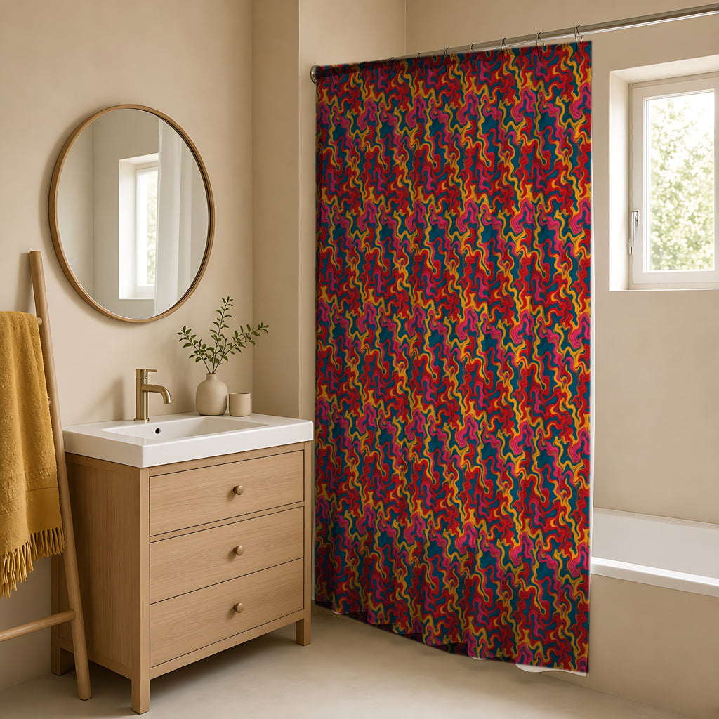 Ripple Thread Drift Shower Curtain in a warm neutral bathroom with an oak vanity