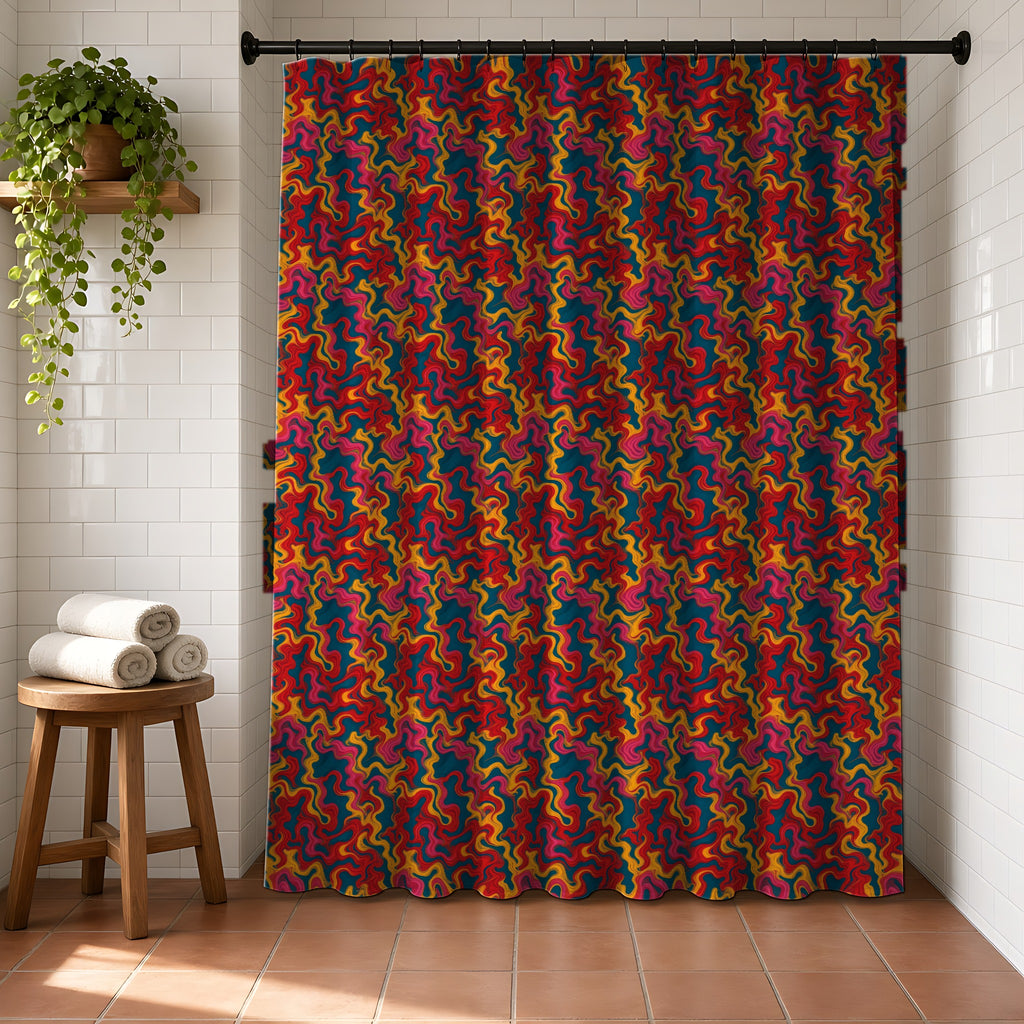 Ripple Thread Drift Shower Curtain in a bright bathroom with white tiles and a terracotta floor