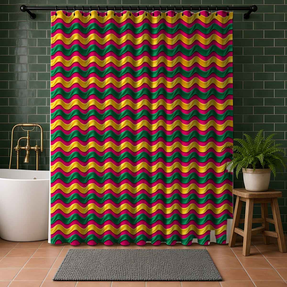 Satin Wave Bands Shower Curtain in a bathroom with dark green tiles