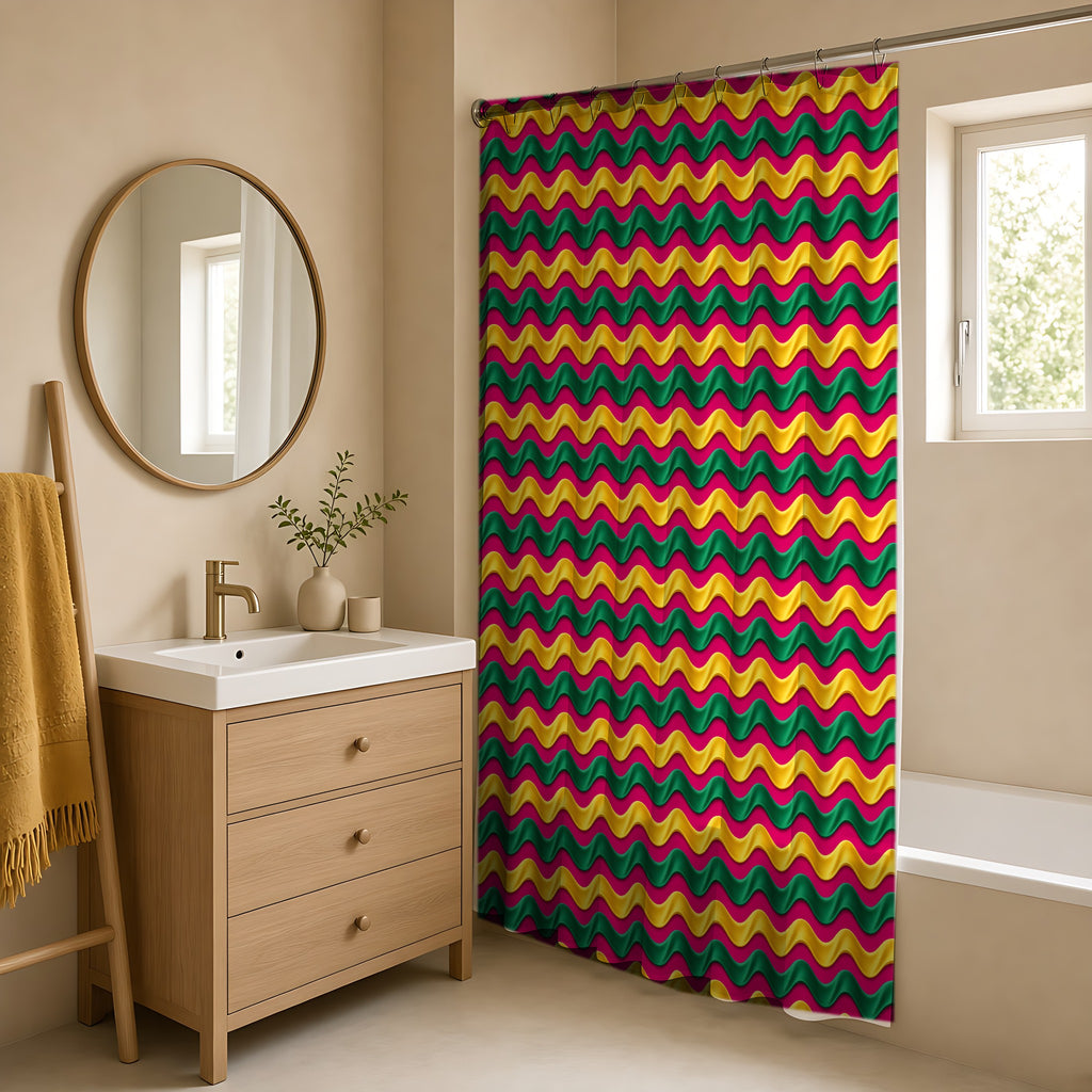 Satin Wave Bands Shower Curtain in a warm neutral bathroom with an oak vanity