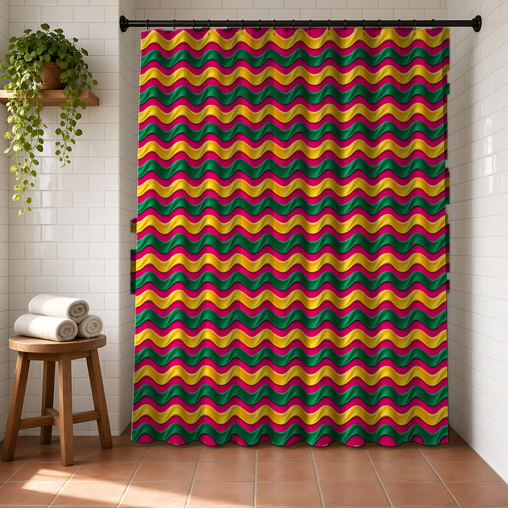 Satin Wave Bands Shower Curtain in a bright bathroom with white tiles and a terracotta floor