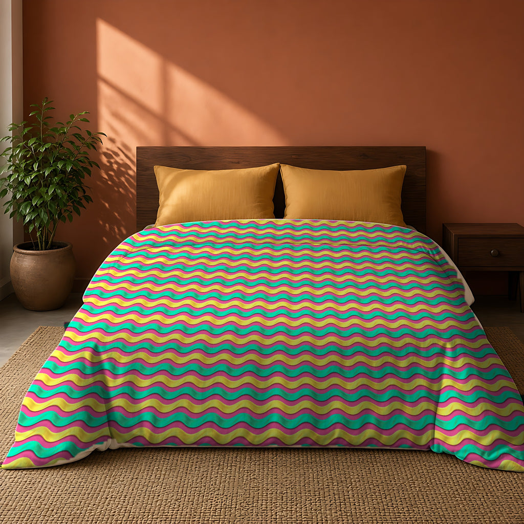 Satin Wave Bands Comforter on a king bed against a warm terracotta wall