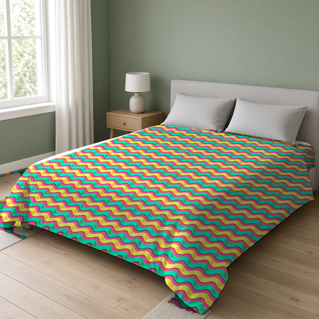 Satin Wave Bands Comforter on a double bed in a bright sage-green bedroom