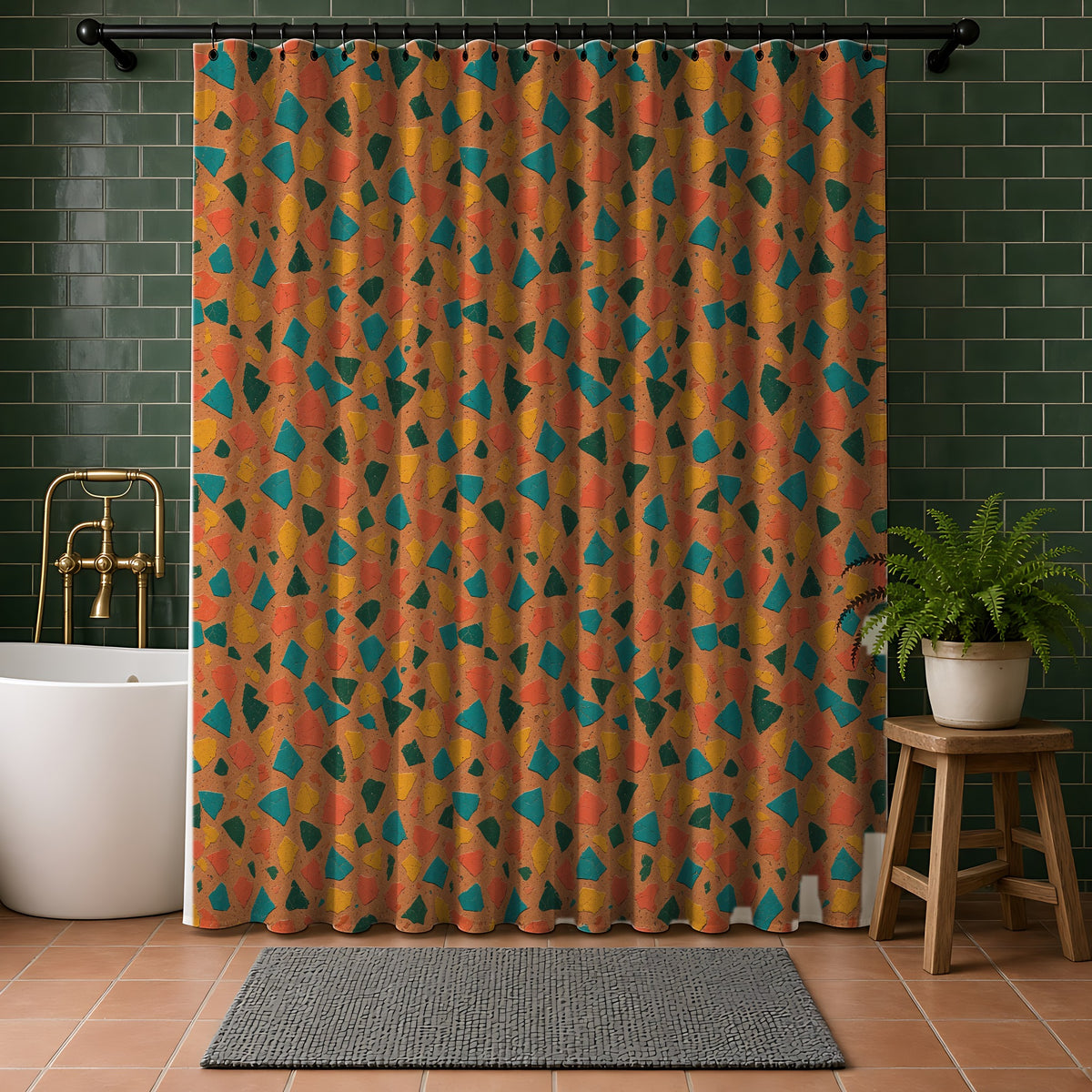 Shattered Tile Shards Shower Curtain in a bathroom with dark green tiles