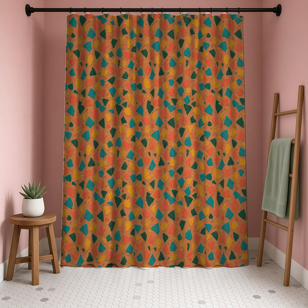 Shattered Tile Shards Shower Curtain in a blush-pink bathroom