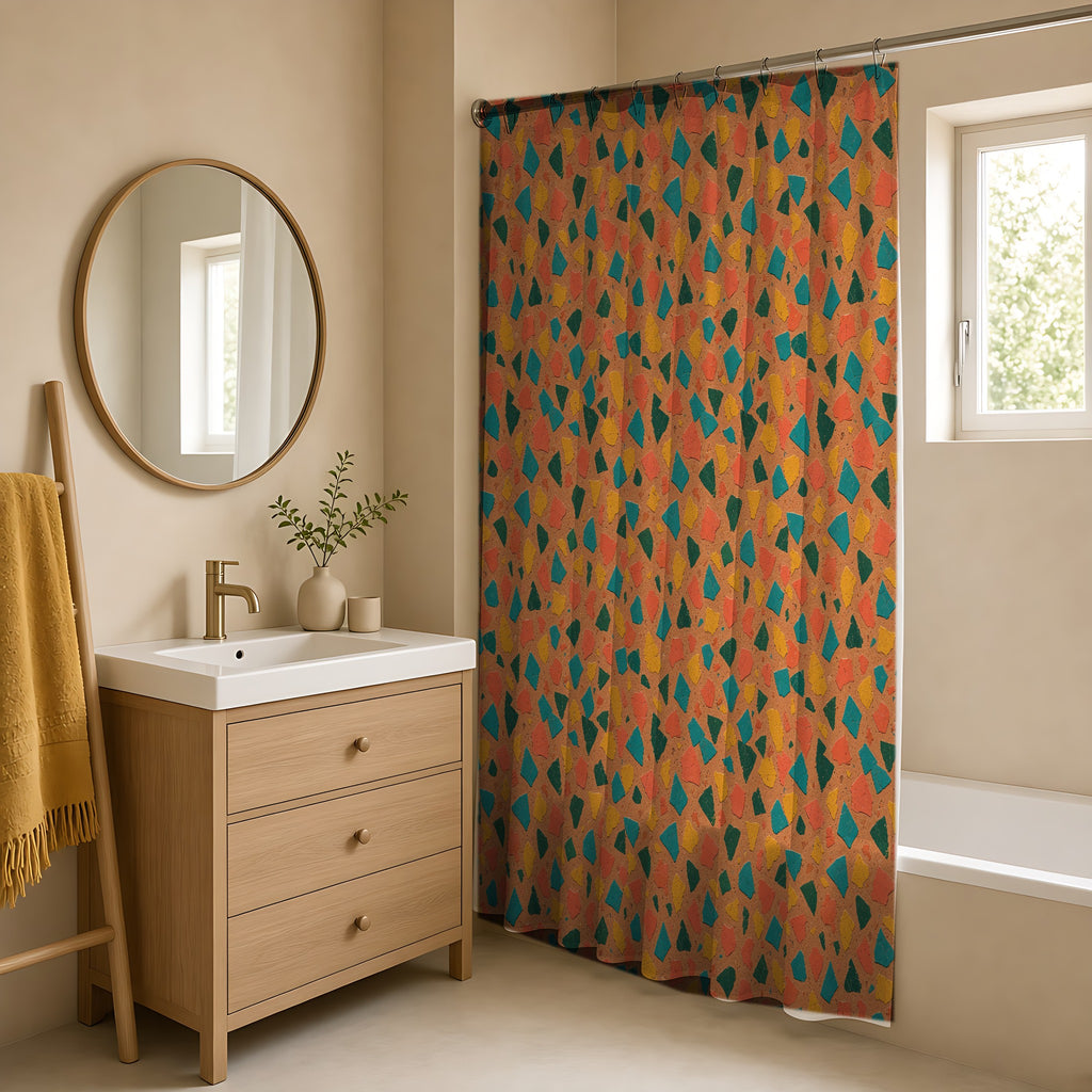 Shattered Tile Shards Shower Curtain in a warm neutral bathroom with an oak vanity