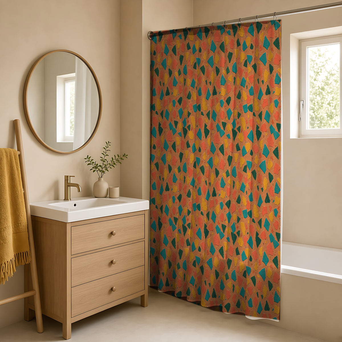 Shattered Tile Shards Shower Curtain in a warm neutral bathroom with an oak vanity