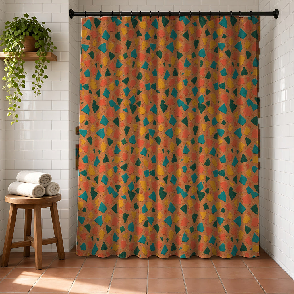 Shattered Tile Shards Shower Curtain in a bright bathroom with white tiles and a terracotta floor