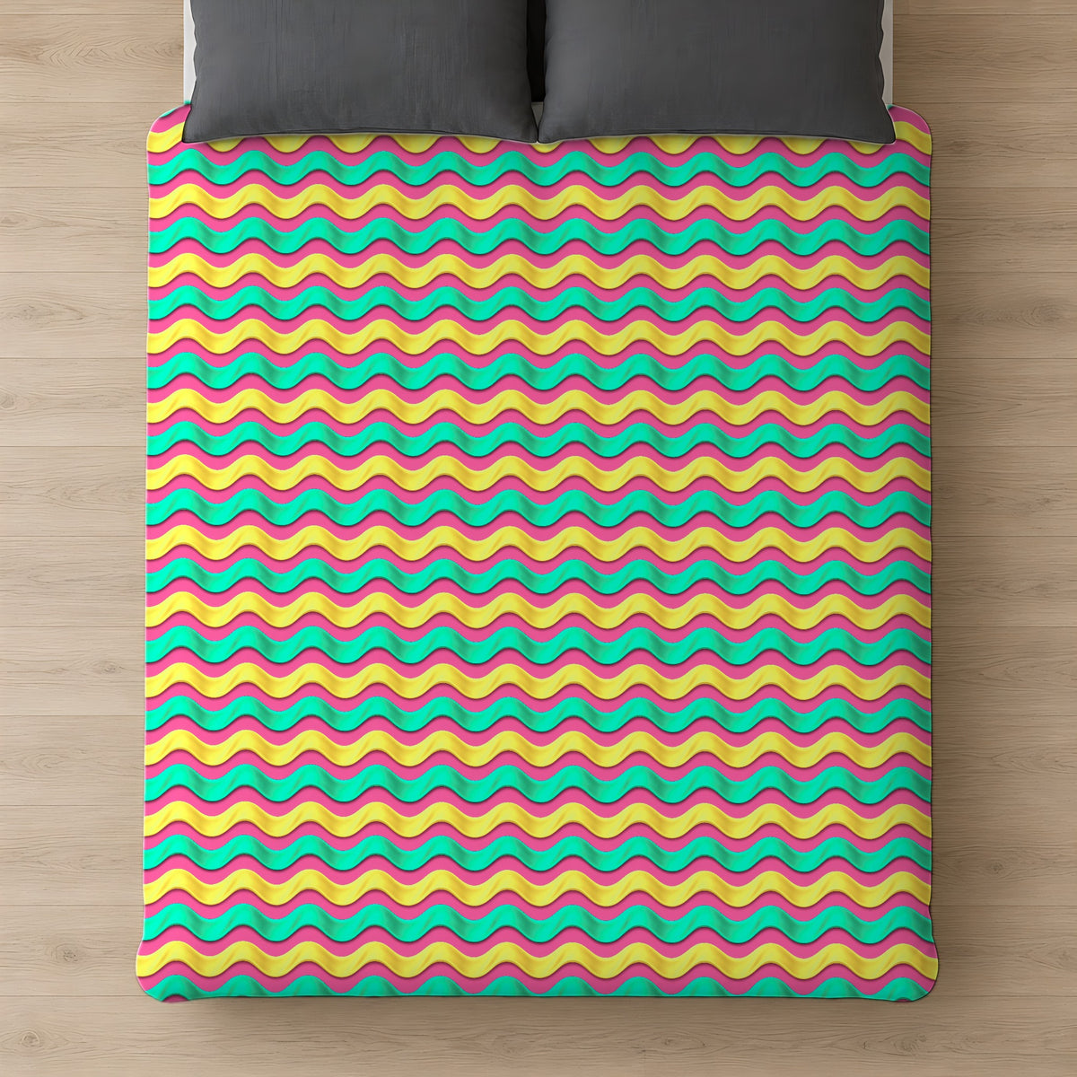 Satin Wave Bands Cotton Duvet Cover on a bed, seen from above