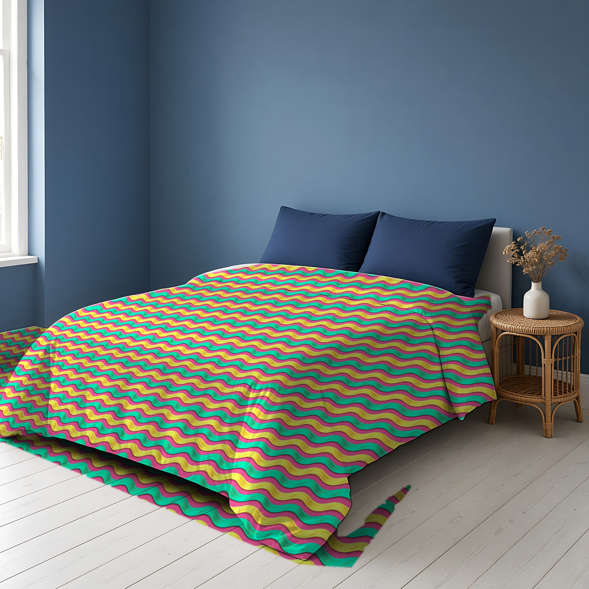 Satin Wave Bands Cotton Duvet Cover on a bed in a Scandinavian blue bedroom