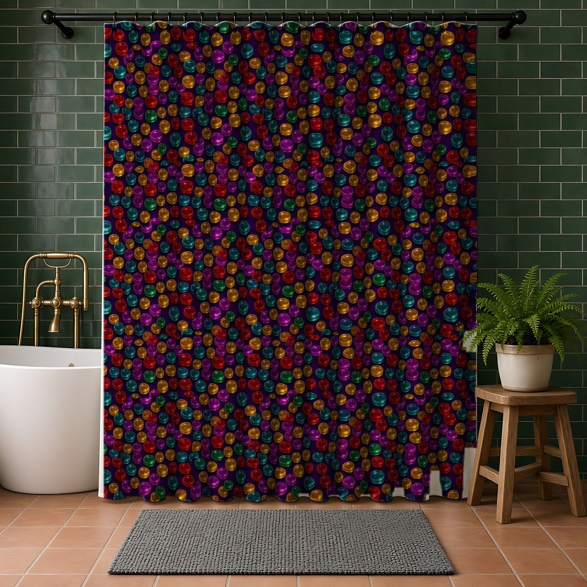 Stacked Glass Discs Shower Curtain in a bathroom with dark green tiles