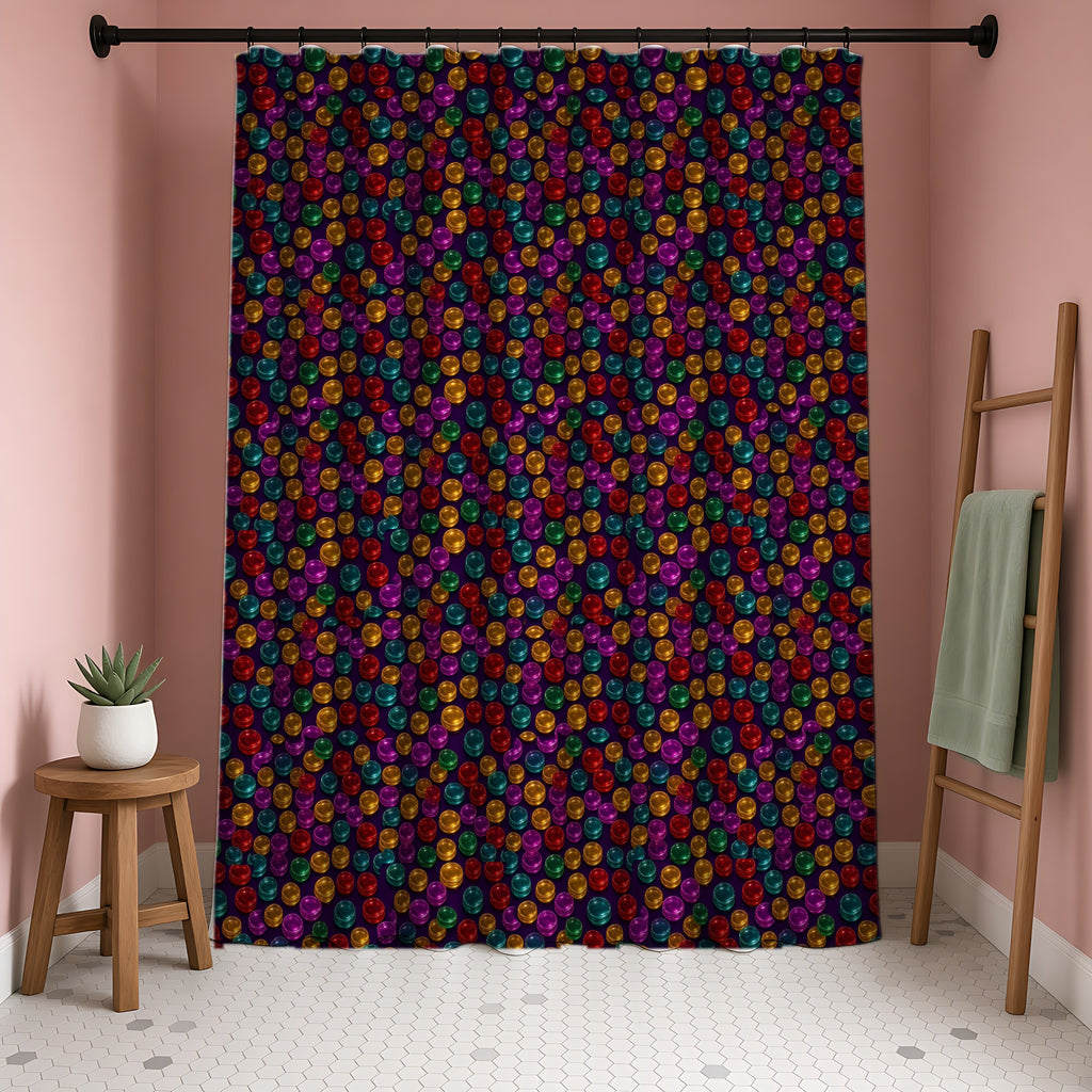 Stacked Glass Discs Shower Curtain in a blush-pink bathroom