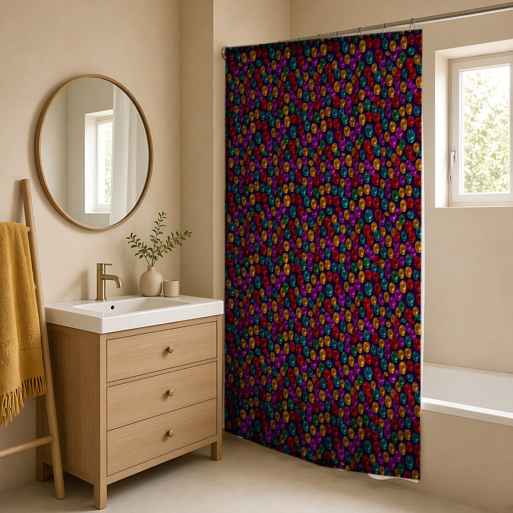 Stacked Glass Discs Shower Curtain in a warm neutral bathroom with an oak vanity