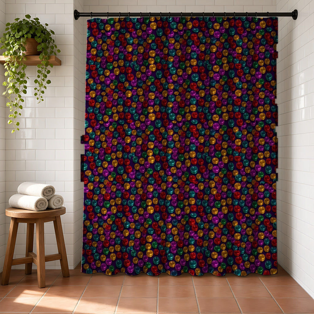 Stacked Glass Discs Shower Curtain in a bright bathroom with white tiles and a terracotta floor