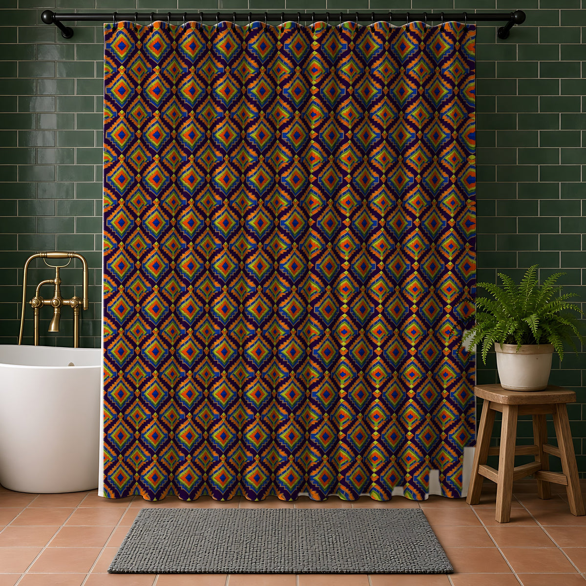Stepped Diamond Ikat Shower Curtain in a bathroom with dark green tiles
