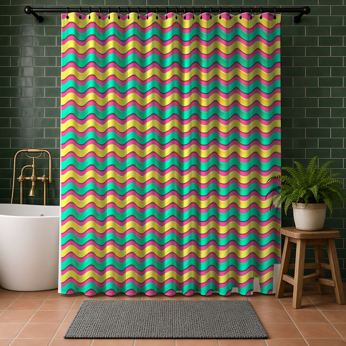Satin Wave Bands Shower Curtain in a bathroom with dark green tiles