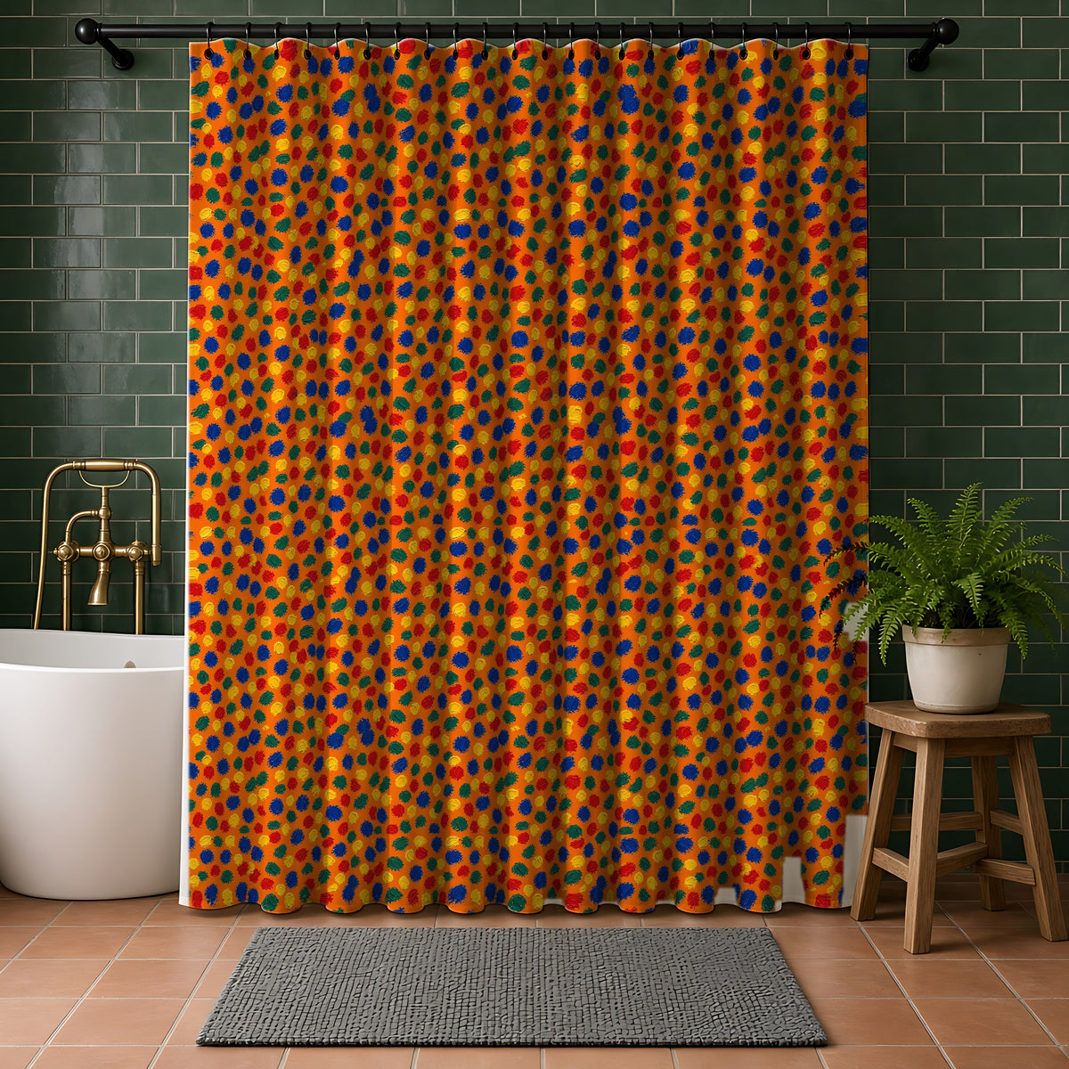Stippled Dabs Shower Curtain in a bathroom with dark green tiles