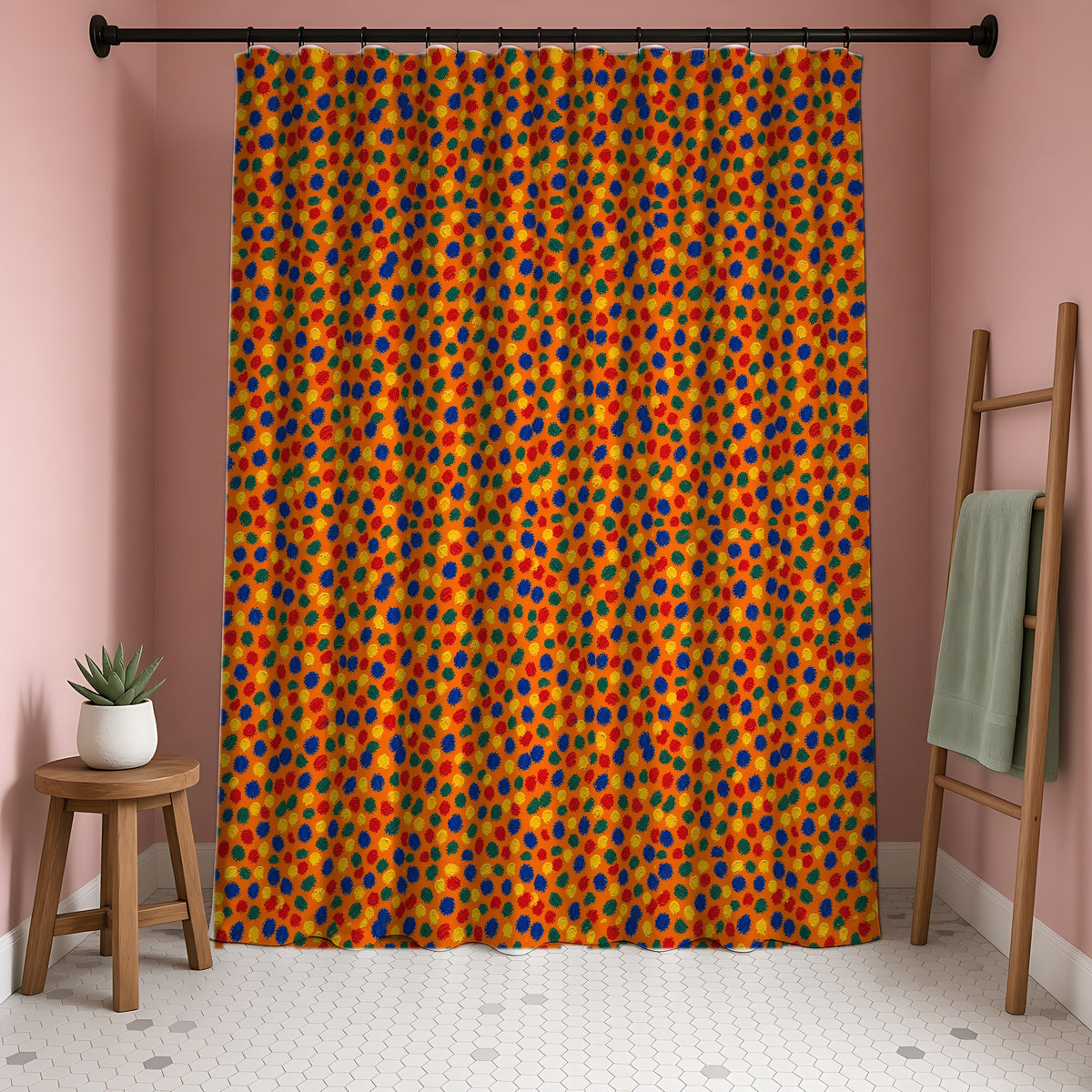 Stippled Dabs Shower Curtain in a blush-pink bathroom