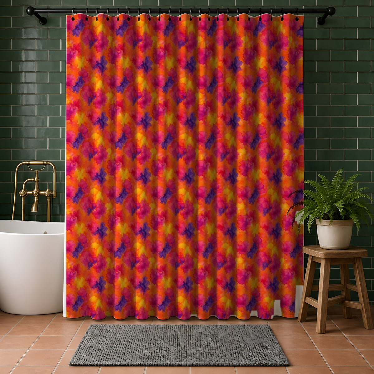Sunset Bloom Bleeds Shower Curtain in a bathroom with dark green tiles