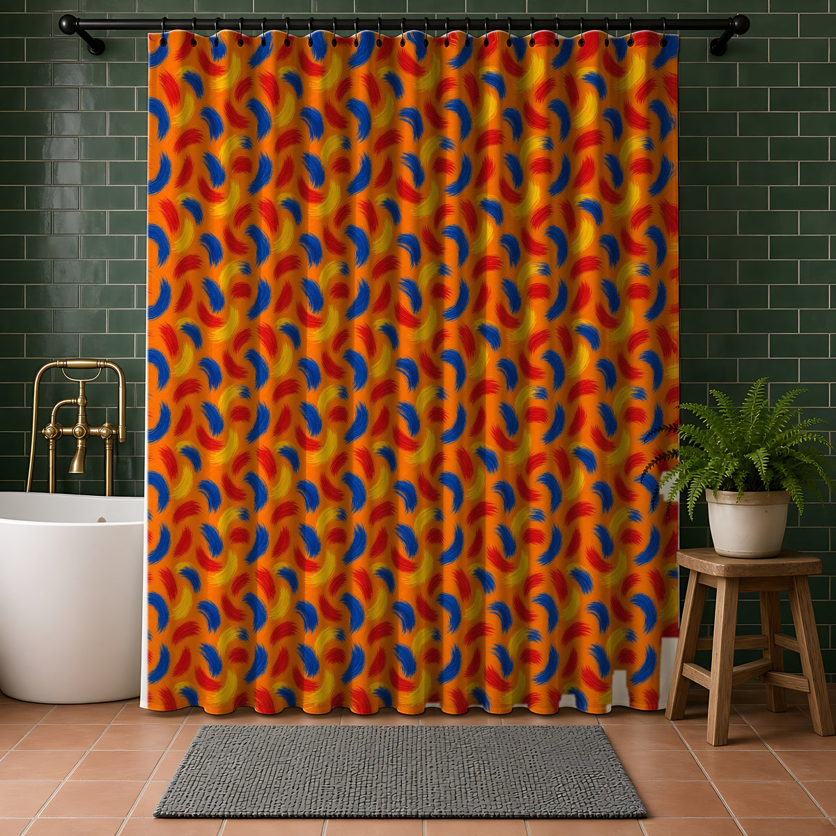 Sweeping Arcs Shower Curtain in a bathroom with dark green tiles