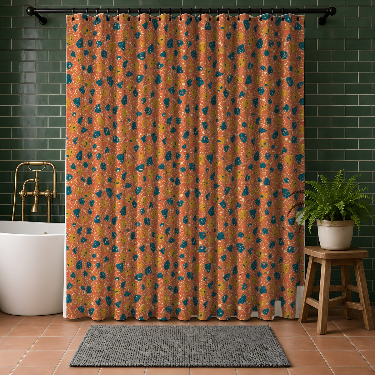 Two-Scale Chips Shower Curtain in a bathroom with dark green tiles