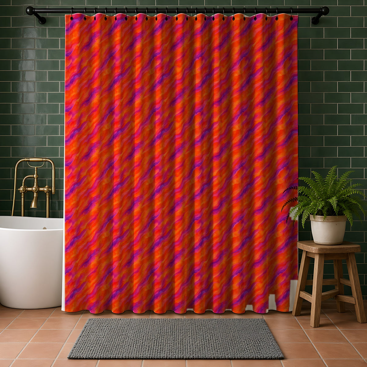 Wash Ribbon Drift Shower Curtain in a bathroom with dark green tiles