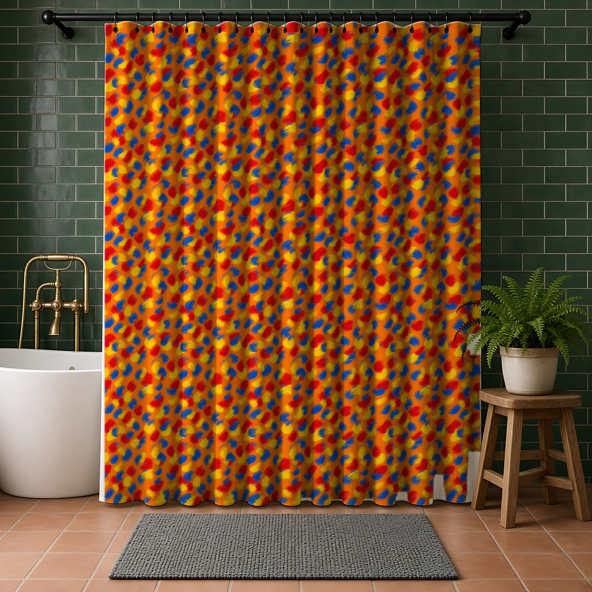 Wet Stroke Blends Shower Curtain in a bathroom with dark green tiles