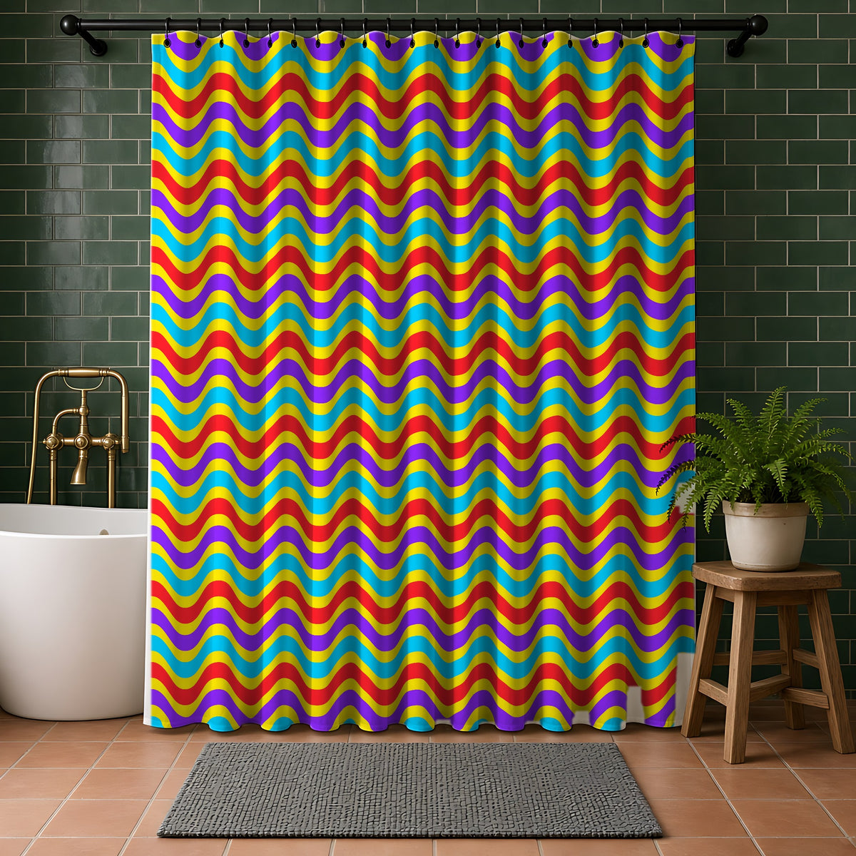 Wide Wave Interference Shower Curtain in a bathroom with dark green tiles