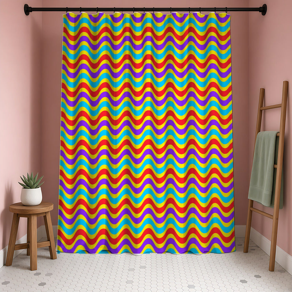 Wide Wave Interference Shower Curtain in a blush-pink bathroom