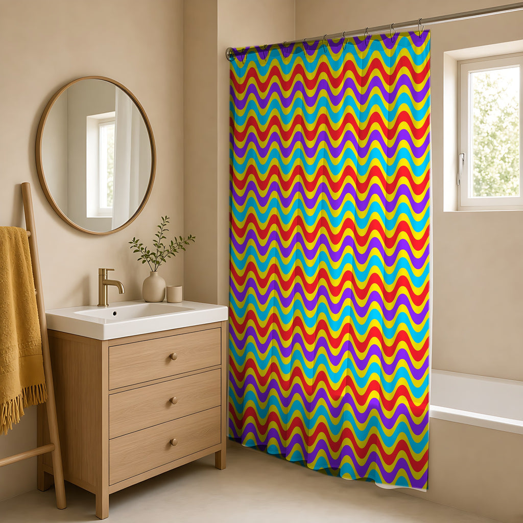 Wide Wave Interference Shower Curtain in a warm neutral bathroom with an oak vanity