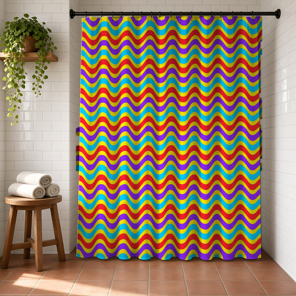 Wide Wave Interference Shower Curtain in a bright bathroom with white tiles and a terracotta floor