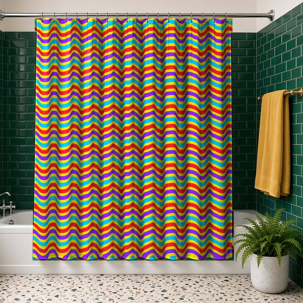 Wide Wave Interference shower curtain in the Chromatic Ripple palette, hanging in a bathroom with emerald tiles