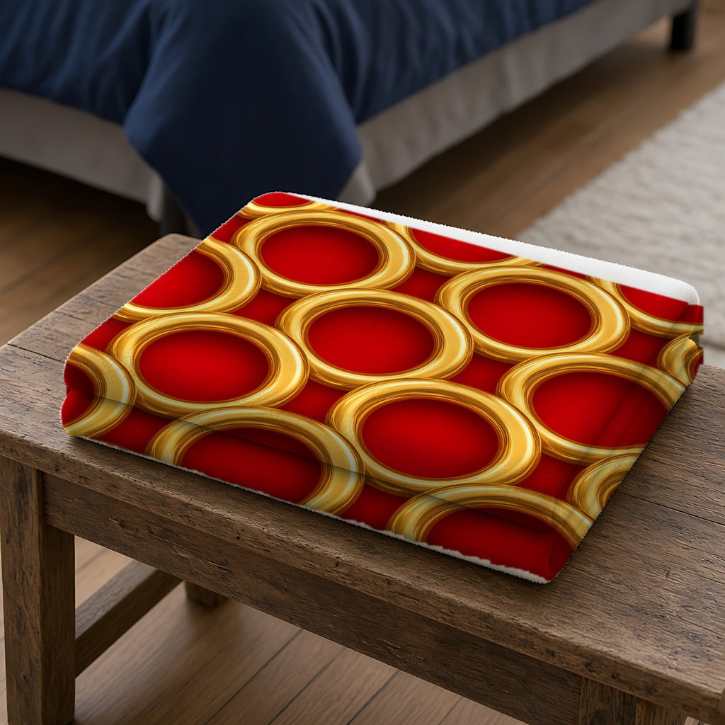 Big Gold Ring Weave Sherpa Fleece Blanket folded on a wooden bench