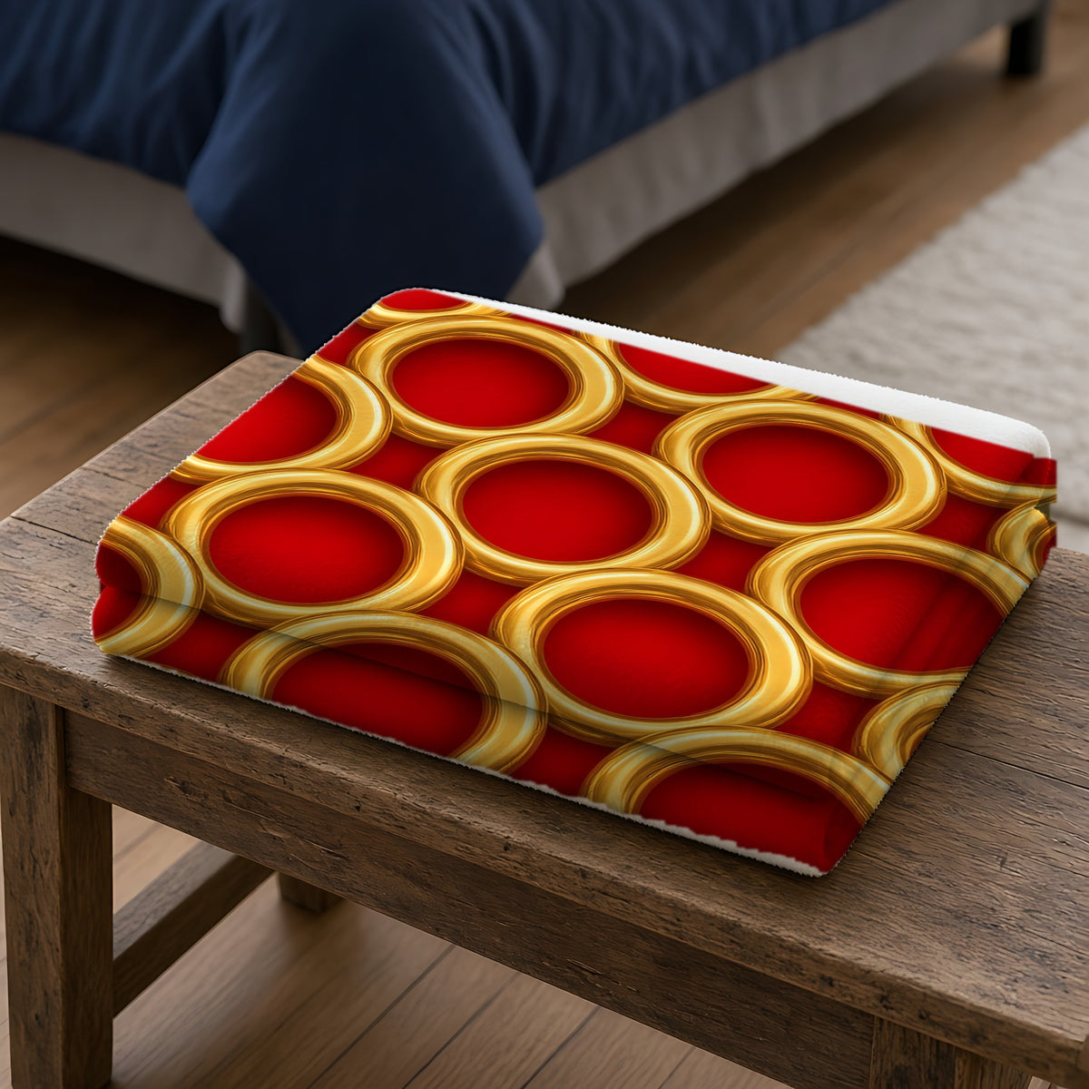 Big Gold Ring Weave Sherpa Fleece Blanket folded on a wooden bench