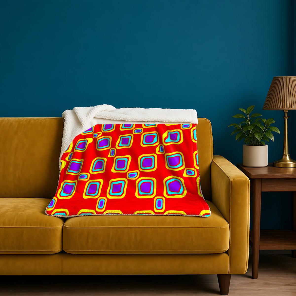 Big Ripple Squares sherpa fleece blanket in the Chromatic Ripple palette, draped over a mustard sofa against a deep-teal wall