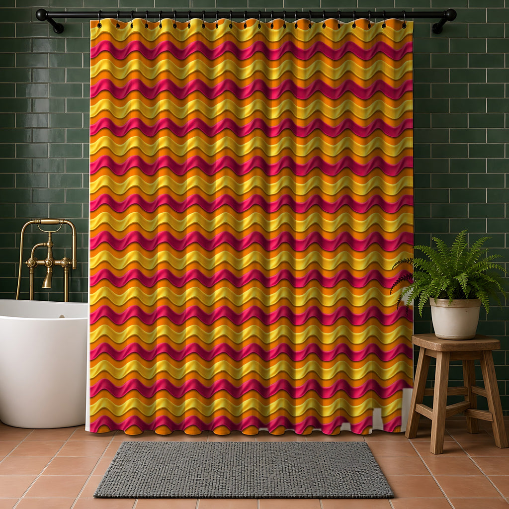 Satin Wave Bands Shower Curtain in a bathroom with dark green tiles